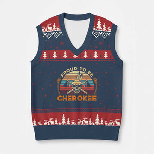 Cherokee Heritage Pride V-Neck Knit Sweater Vest Vintage Native American Warrior Skull