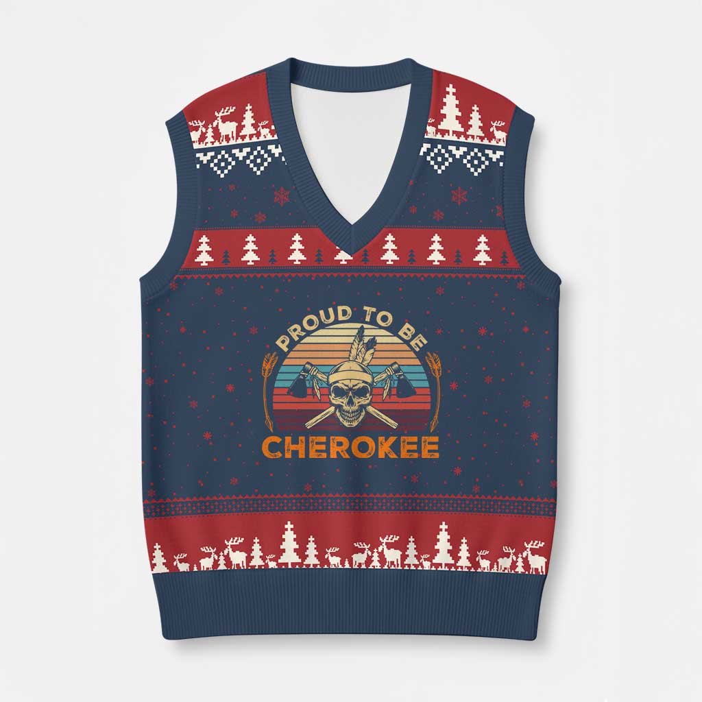 Cherokee Heritage Pride V-Neck Knit Sweater Vest Vintage Native American Warrior Skull TS12 Navy Red Print Your Wear