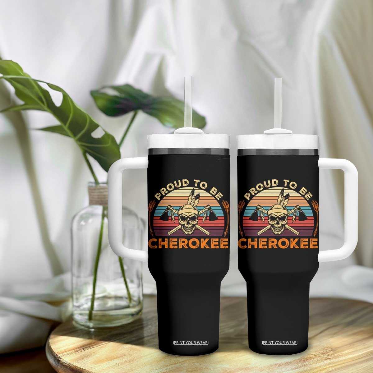 Cherokee Heritage Pride Tumbler With Handle Vintage Native American Warrior Skull