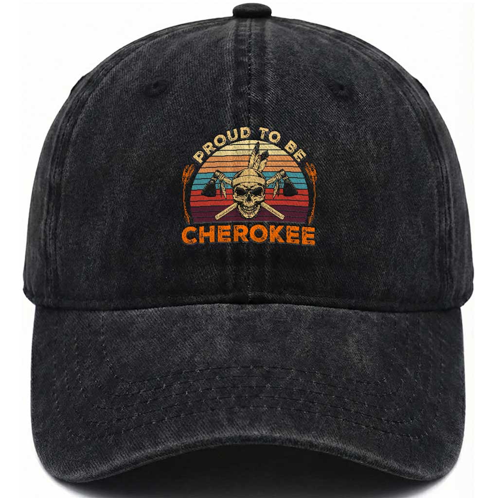 Cherokee Heritage Pride Washed Cotton Baseball Cap Vintage Native American Warrior Skull
