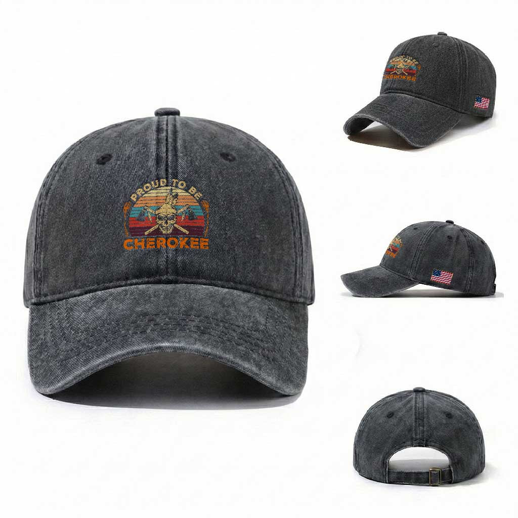 Cherokee Heritage Pride Washed Cotton Baseball Cap Vintage Native American Warrior Skull