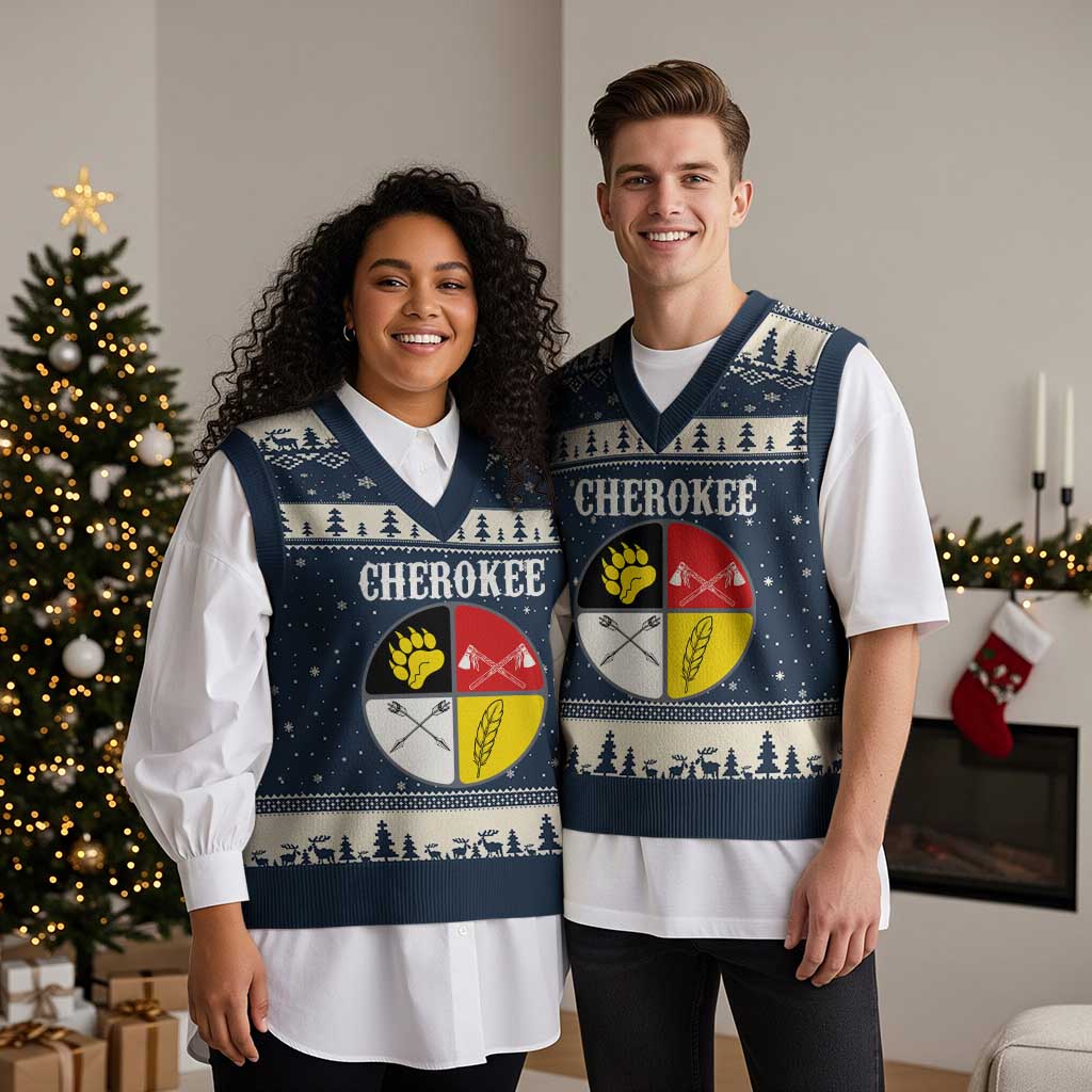 Cherokee Cultural Pride V-Neck Knit Sweater Vest Native American Medicine Wheel Art