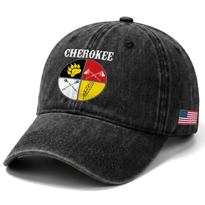 Cherokee Cultural Pride Washed Cotton Baseball Cap Native American Medicine Wheel Art