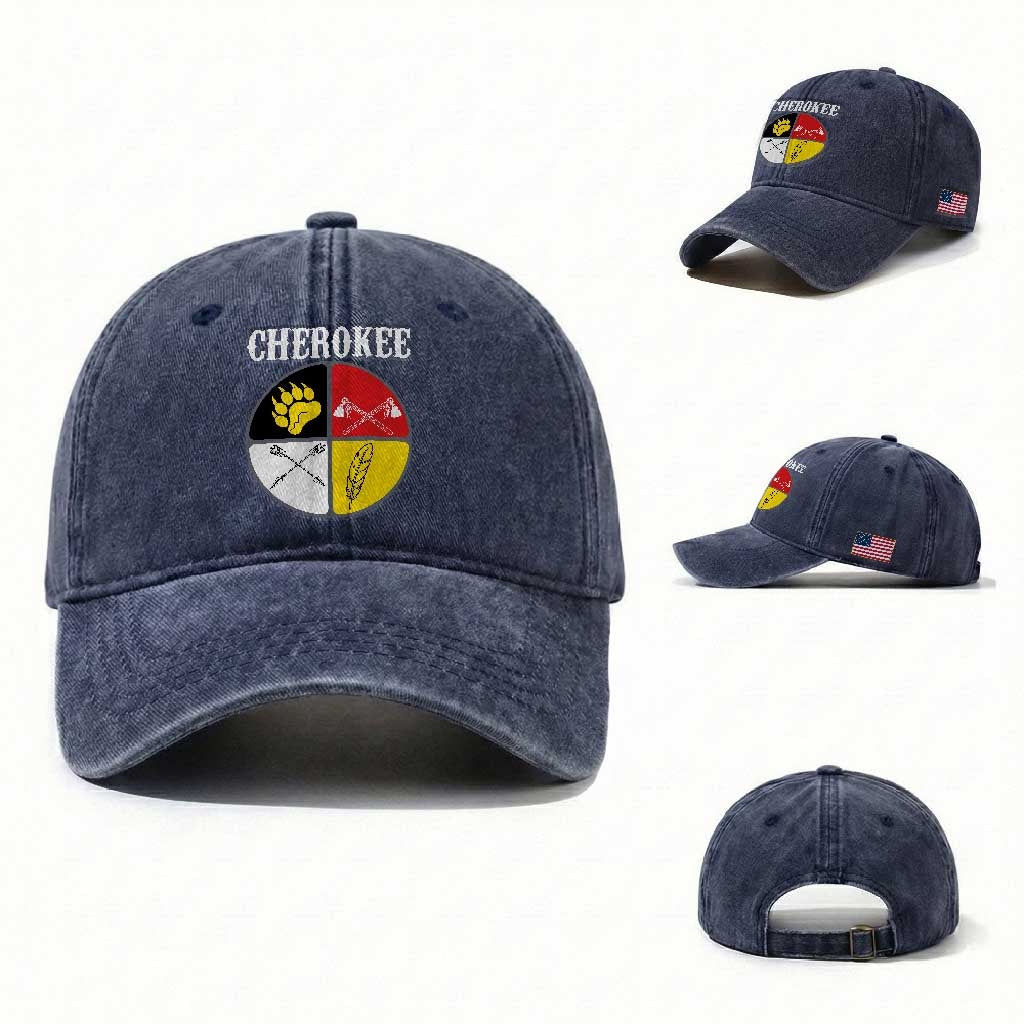 Cherokee Cultural Pride Washed Cotton Baseball Cap Native American Medicine Wheel Art