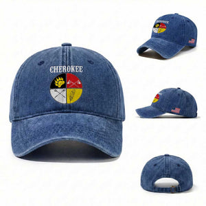 Cherokee Cultural Pride Washed Cotton Baseball Cap Native American Medicine Wheel Art