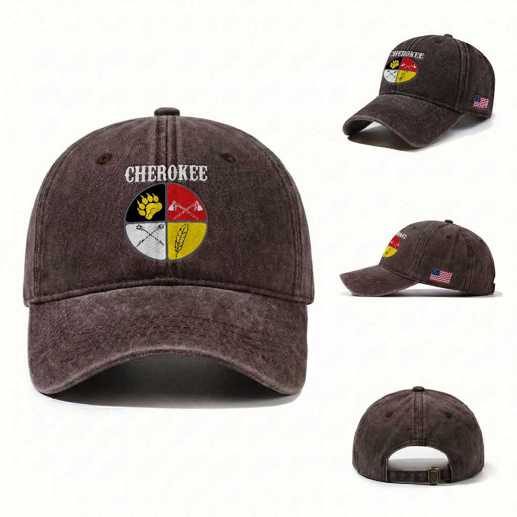 Cherokee Cultural Pride Washed Cotton Baseball Cap Native American Medicine Wheel Art