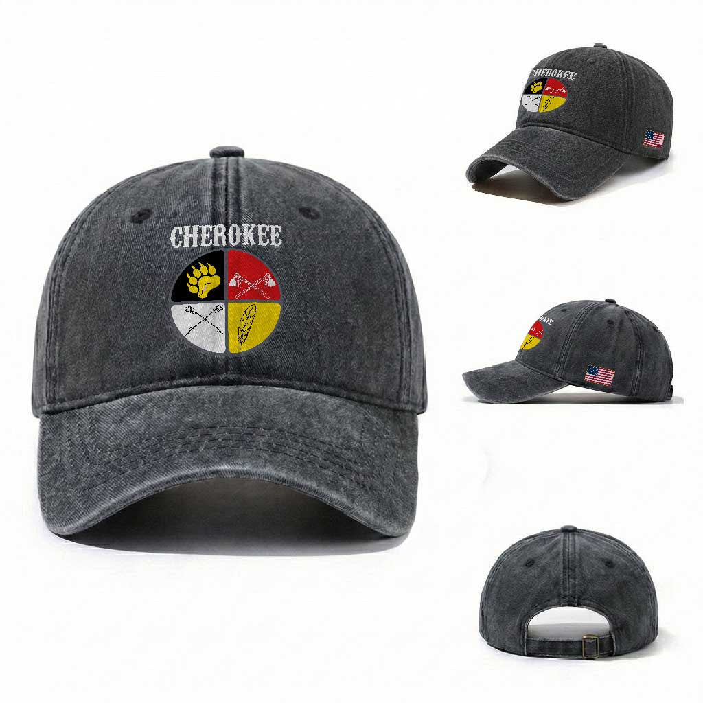 Cherokee Cultural Pride Washed Cotton Baseball Cap Native American Medicine Wheel Art