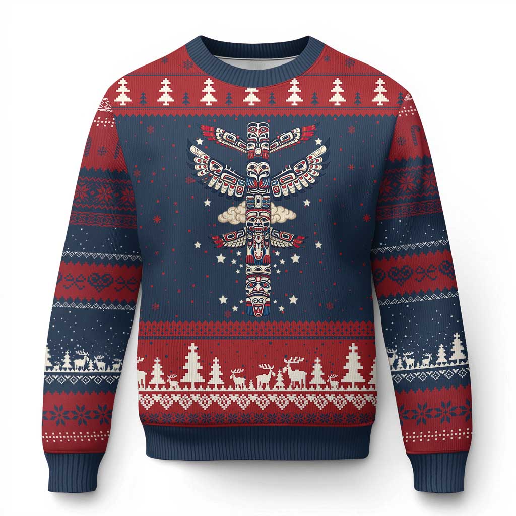 Native American Totem Pole Ugly Christmas Sweater Pacific Northwest Indigenous Tribal TS12 Navy Red Print Your Wear