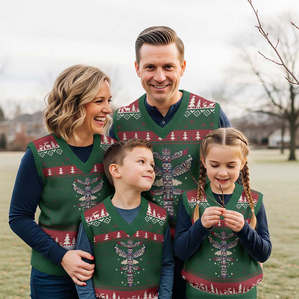 Native American Totem Pole V-Neck Knit Sweater Vest Pacific Northwest Indigenous Tribal