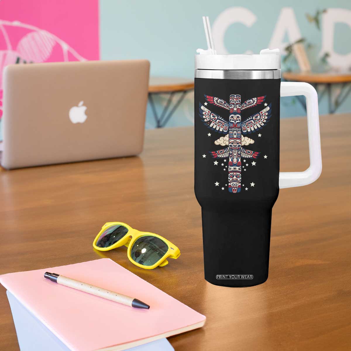 Native American Totem Pole Tumbler With Handle Pacific Northwest Indigenous Tribal