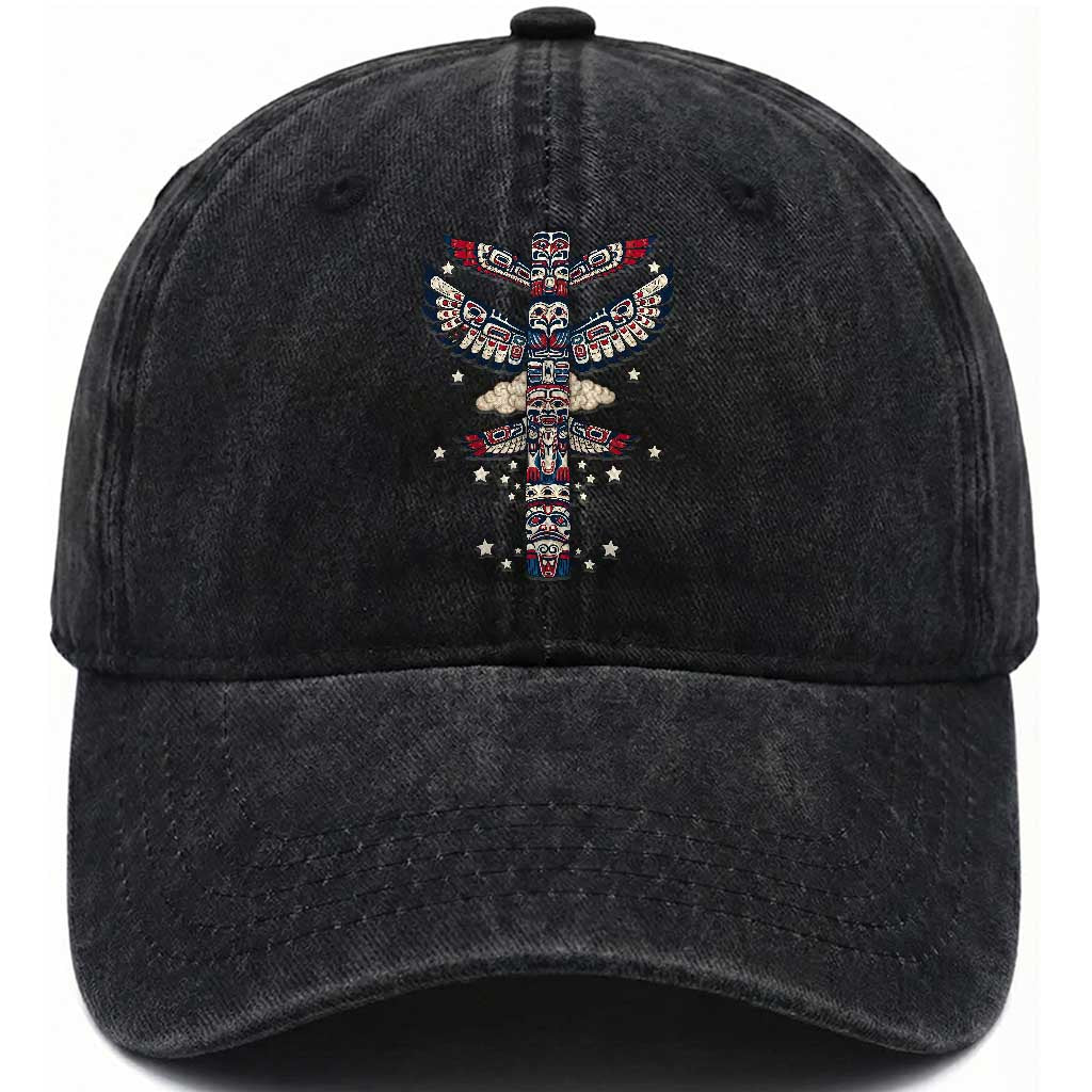 Native American Totem Pole Washed Cotton Baseball Cap Pacific Northwest Indigenous Tribal