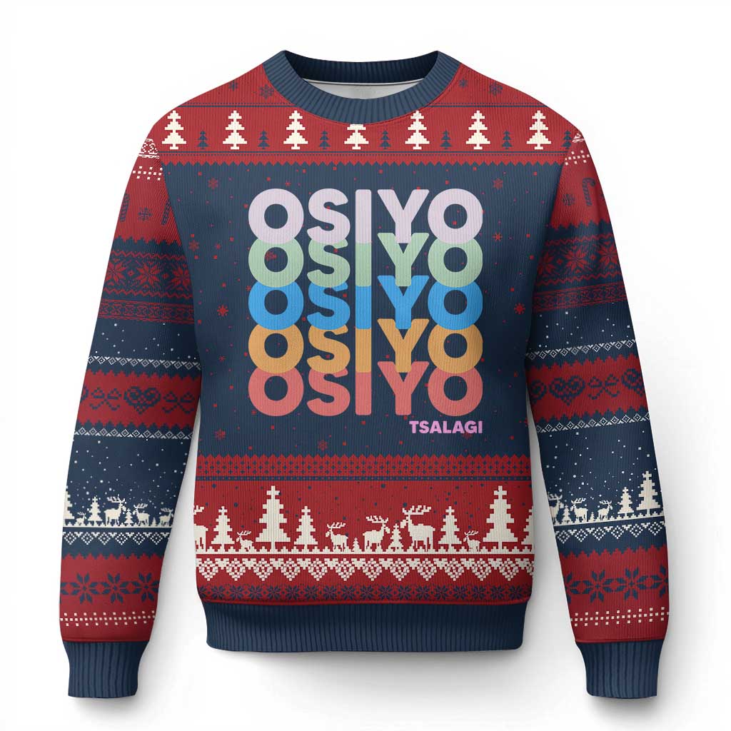 Osiyo Tsalagi Cherokee Native American Pride Ugly Christmas Sweater Retro Stacked Typography