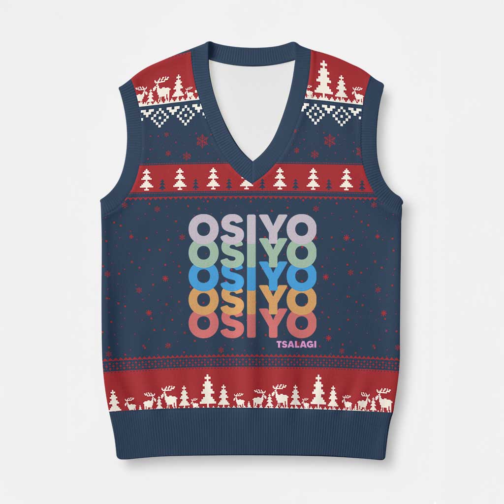 Osiyo Tsalagi Cherokee Native American Pride V-Neck Knit Sweater Vest Retro Stacked Typography TS12 Navy Red Print Your Wear