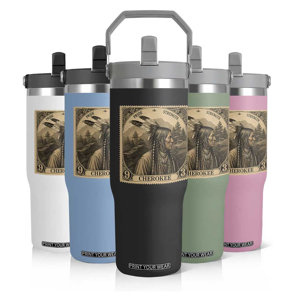 Cherokee Pride Strength Flip Straw Tumbler Native American Vintage Postage Stamp Graphic