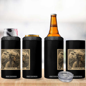 Cherokee Pride Strength 4 in 1 Can Cooler Tumbler Native American Vintage Postage Stamp Graphic