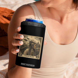Cherokee Pride Strength 4 in 1 Can Cooler Tumbler Native American Vintage Postage Stamp Graphic