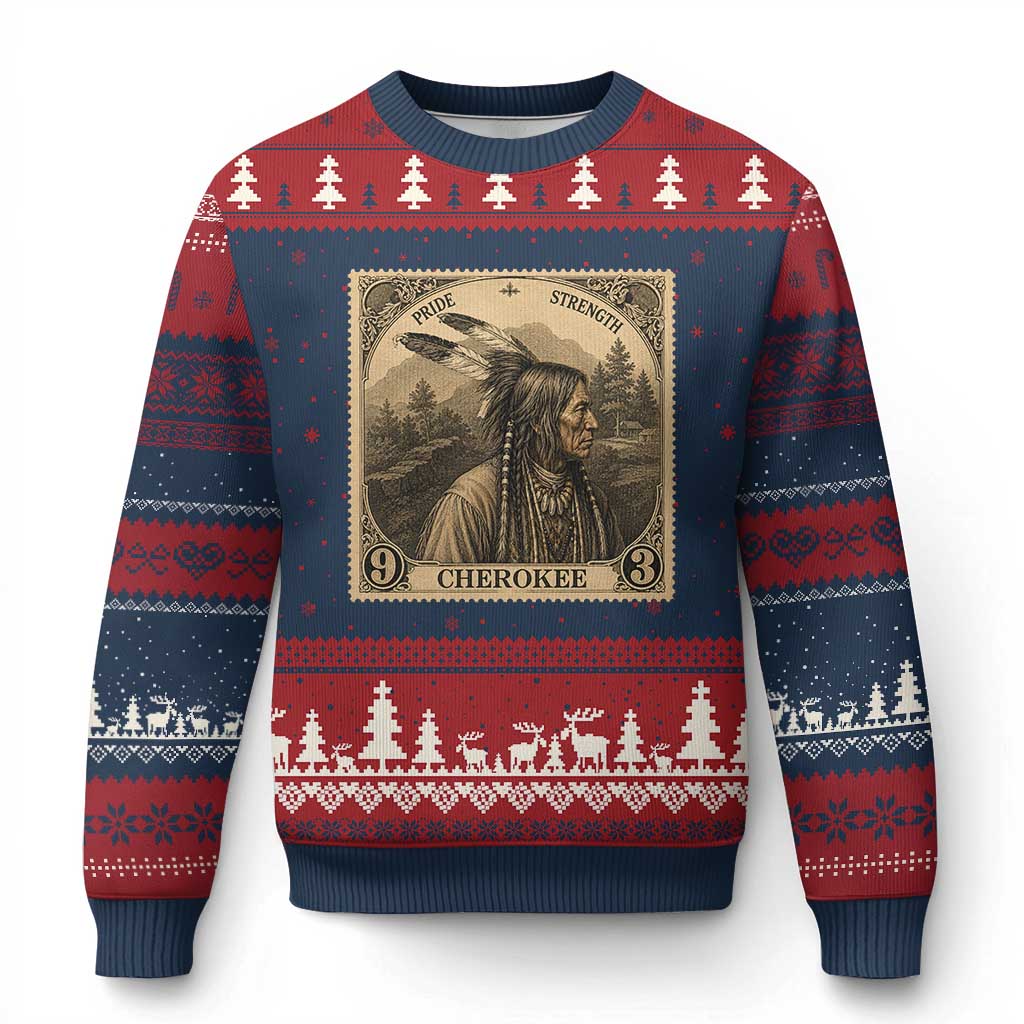 Cherokee Pride Strength Ugly Christmas Sweater Native American Vintage Postage Stamp Graphic