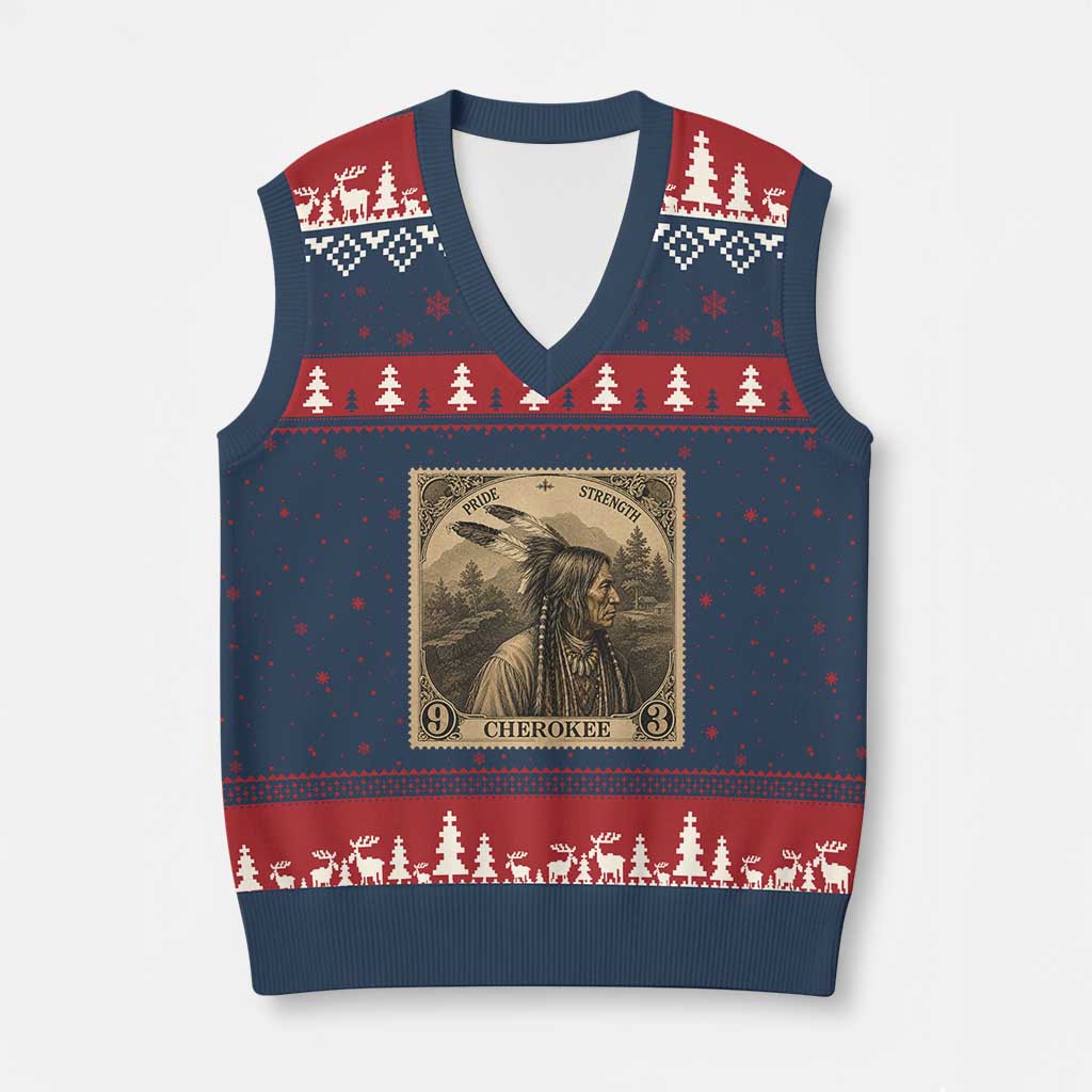Cherokee Pride Strength V-Neck Knit Sweater Vest Native American Vintage Postage Stamp Graphic TS12 Navy Red Print Your Wear