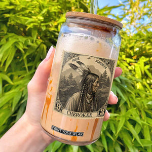 Cherokee Pride Strength Glass Can Native American Vintage Postage Stamp Graphic