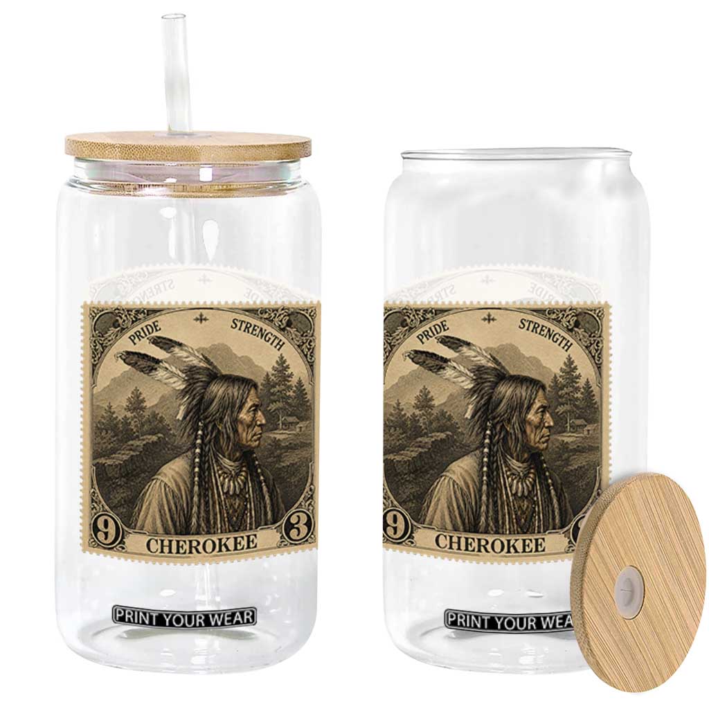 Cherokee Pride Strength Glass Can Native American Vintage Postage Stamp Graphic