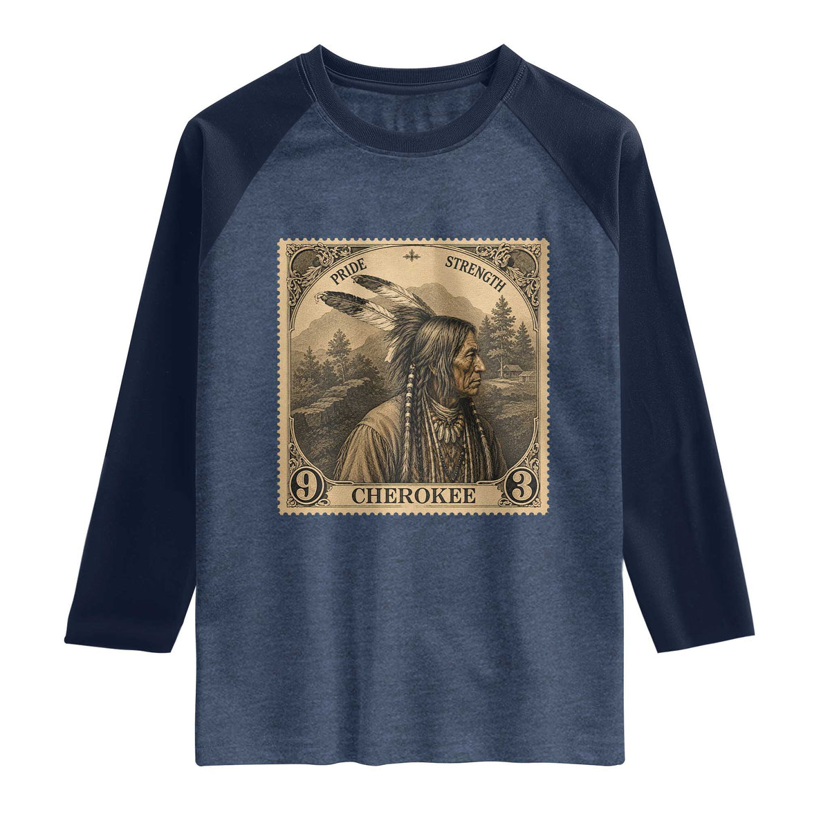 Cherokee Pride Strength Raglan Shirt Native American Vintage Postage Stamp Graphic