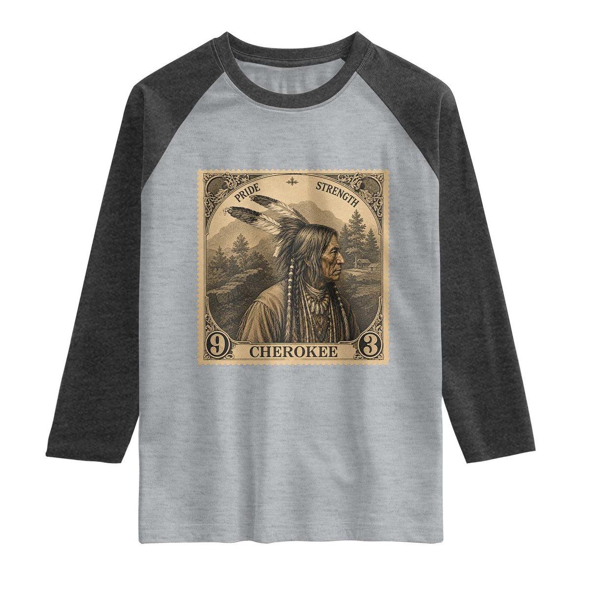 Cherokee Pride Strength Raglan Shirt Native American Vintage Postage Stamp Graphic