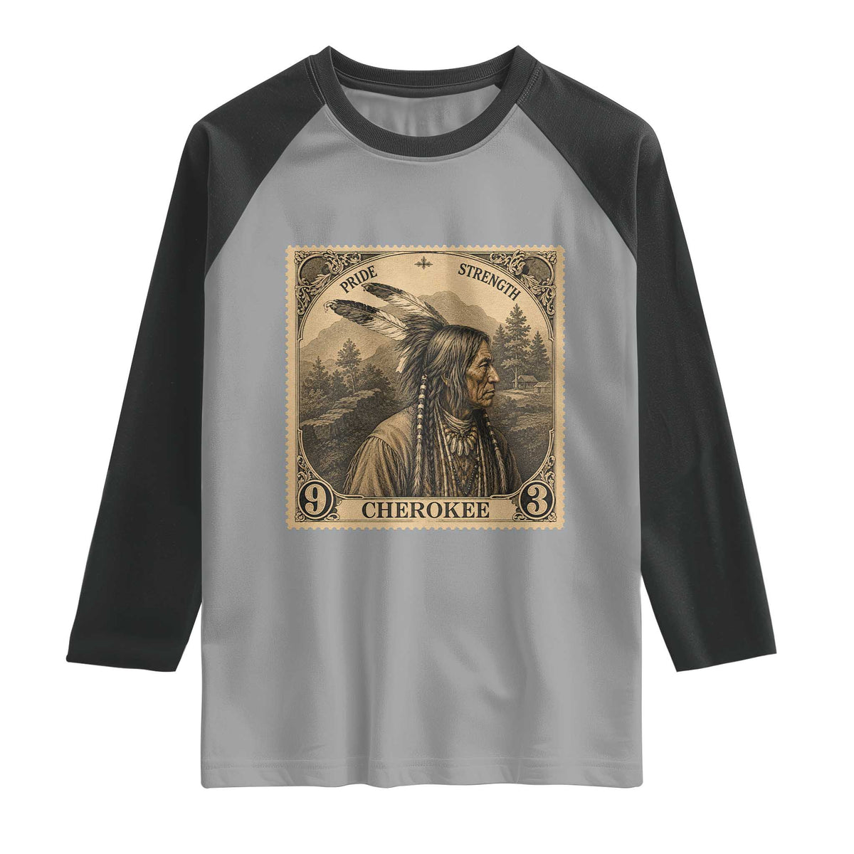 Cherokee Pride Strength Raglan Shirt Native American Vintage Postage Stamp Graphic