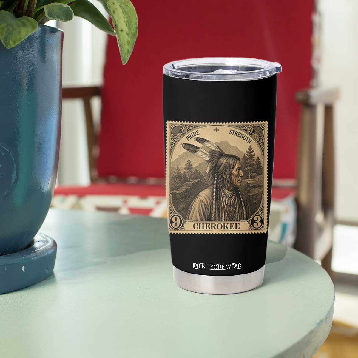 Cherokee Pride Strength Tumbler Cup Native American Vintage Postage Stamp Graphic