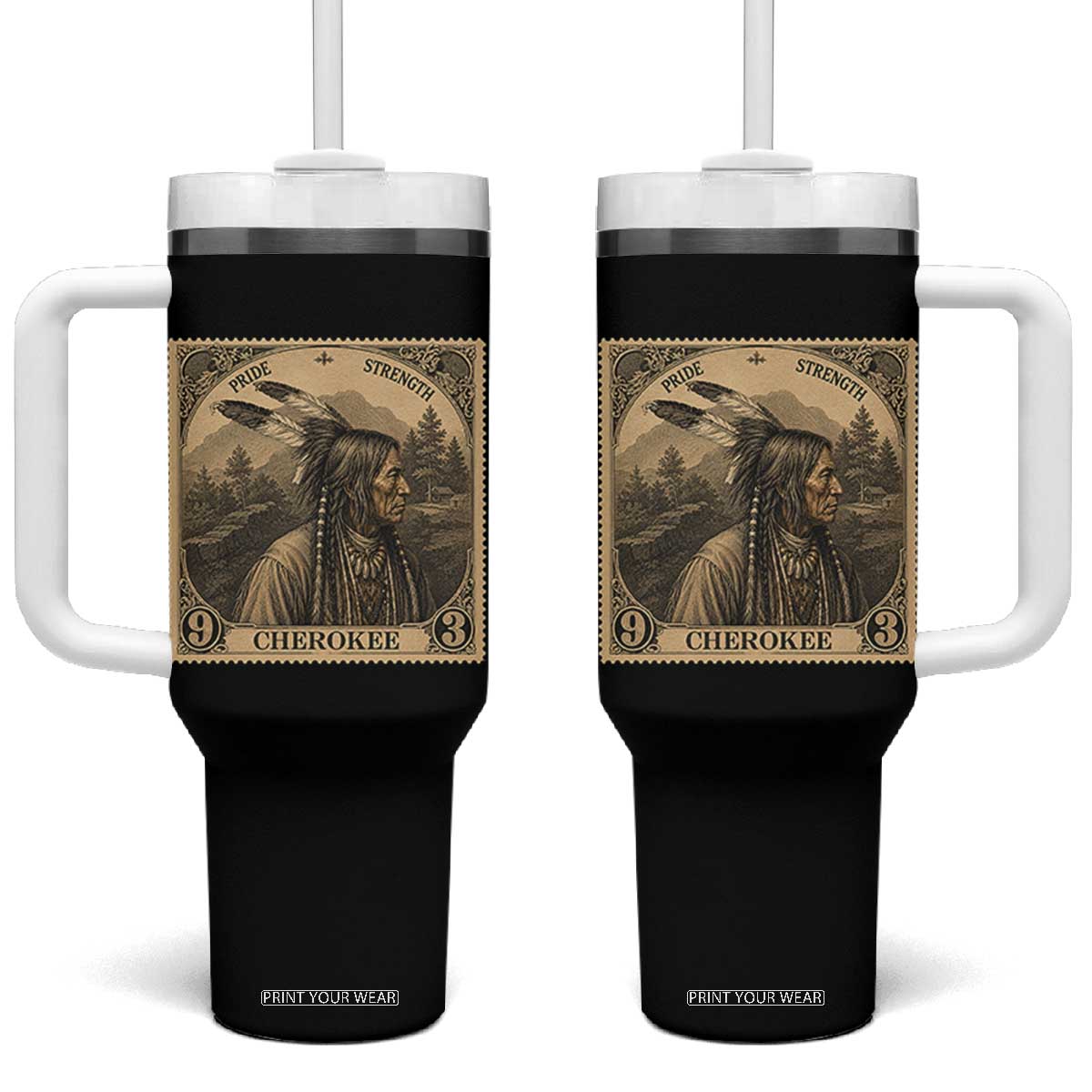 Cherokee Pride Strength Tumbler With Handle Native American Vintage Postage Stamp Graphic