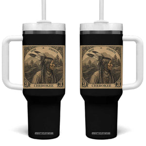 Cherokee Pride Strength Tumbler With Handle Native American Vintage Postage Stamp Graphic