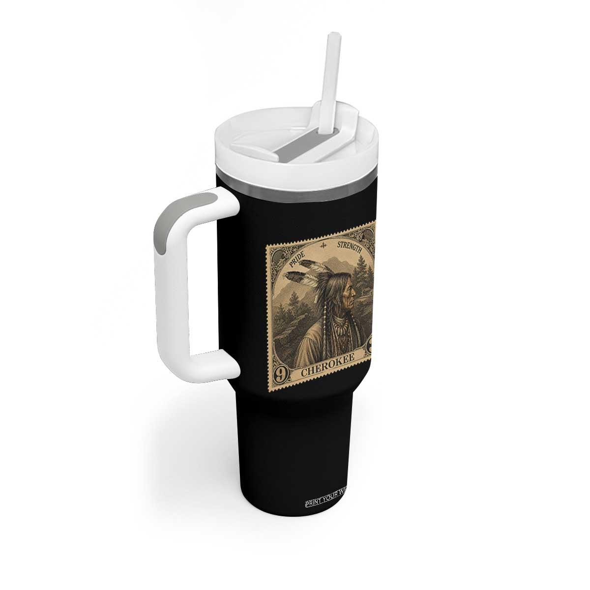 Cherokee Pride Strength Tumbler With Handle Native American Vintage Postage Stamp Graphic