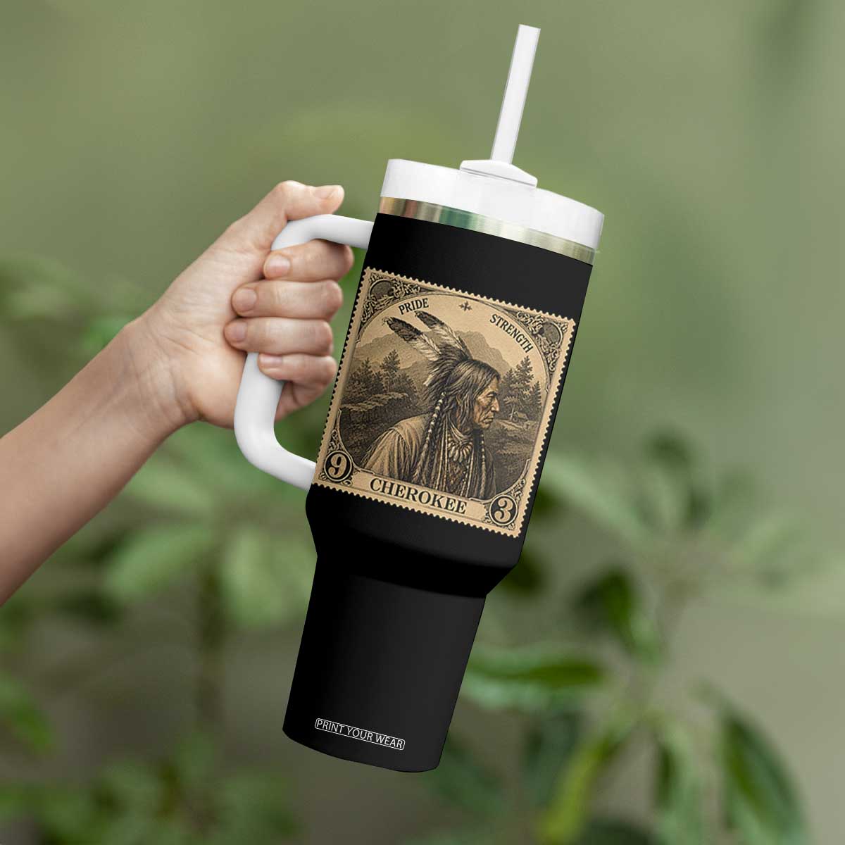 Cherokee Pride Strength Tumbler With Handle Native American Vintage Postage Stamp Graphic