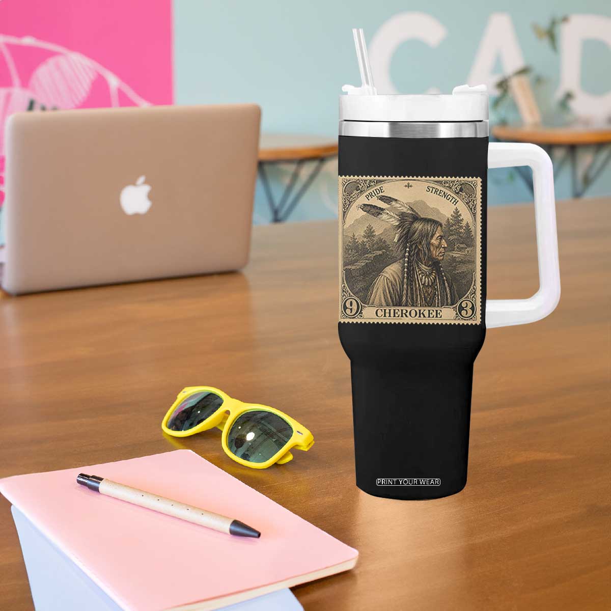 Cherokee Pride Strength Tumbler With Handle Native American Vintage Postage Stamp Graphic