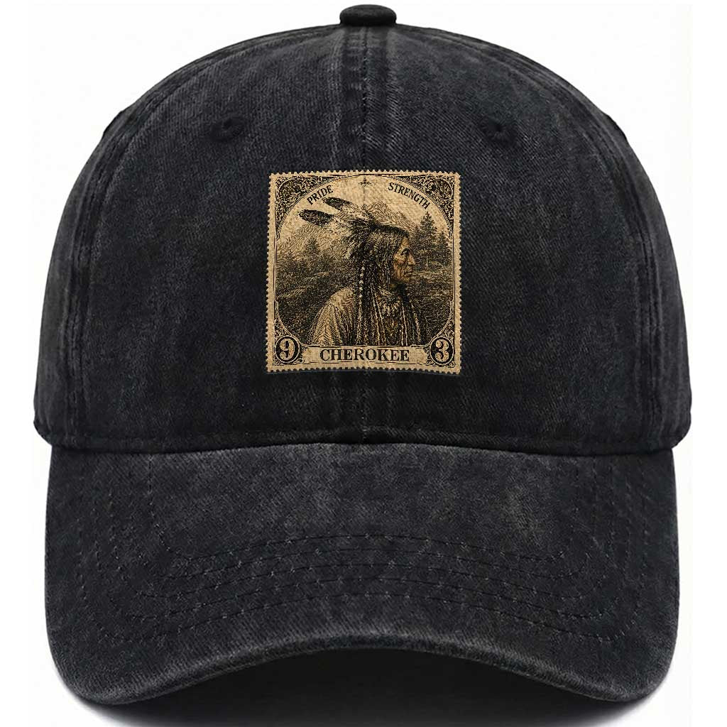 Cherokee Pride Strength Washed Cotton Baseball Cap Native American Vintage Postage Stamp Graphic