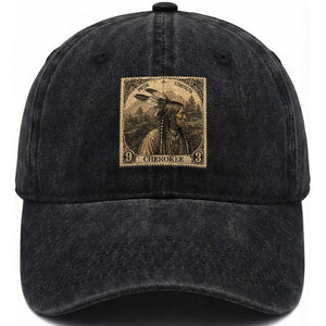 Cherokee Pride Strength Washed Cotton Baseball Cap Native American Vintage Postage Stamp Graphic