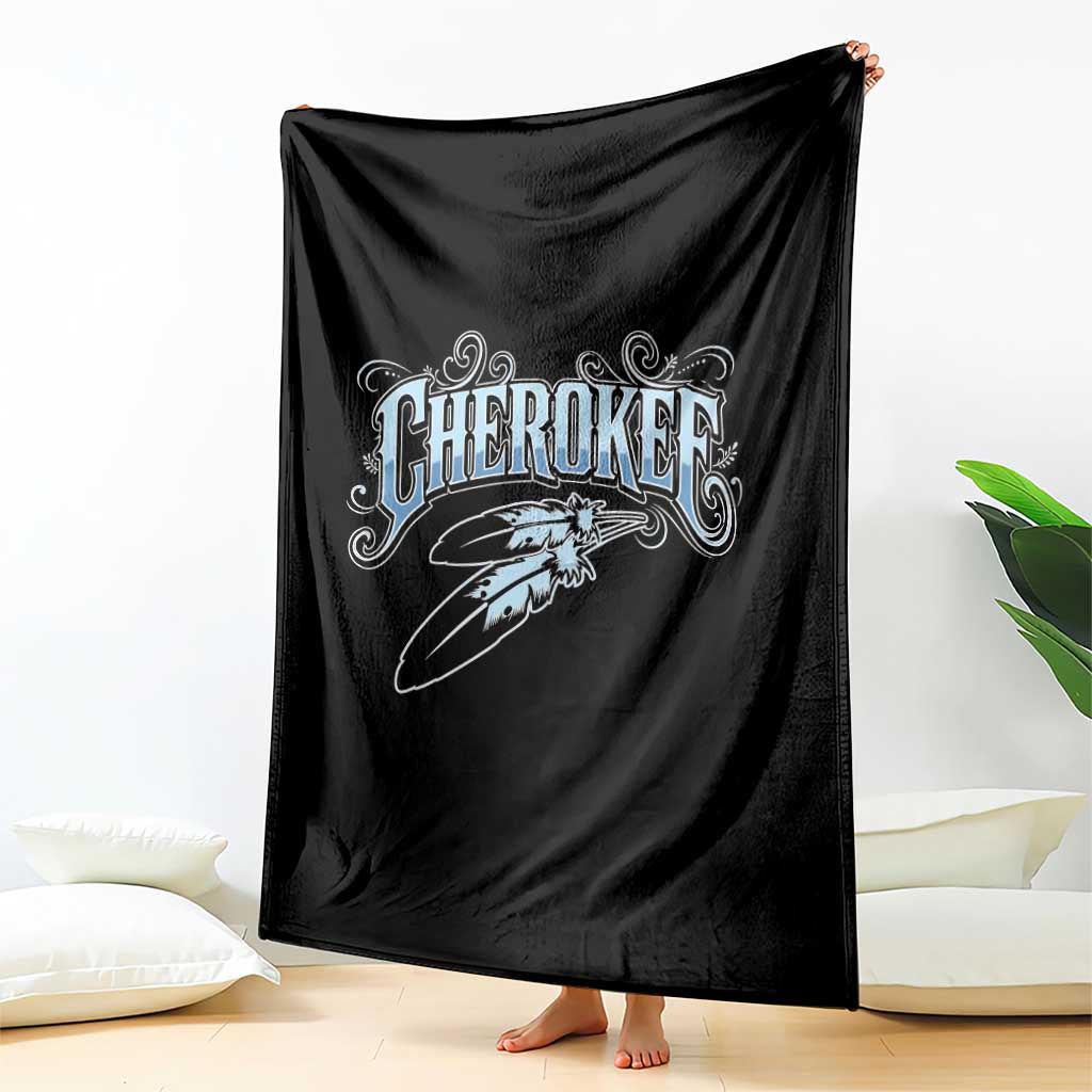 Cherokee Native American Heritage Throw Blanket Blue Feather Filigree Typography