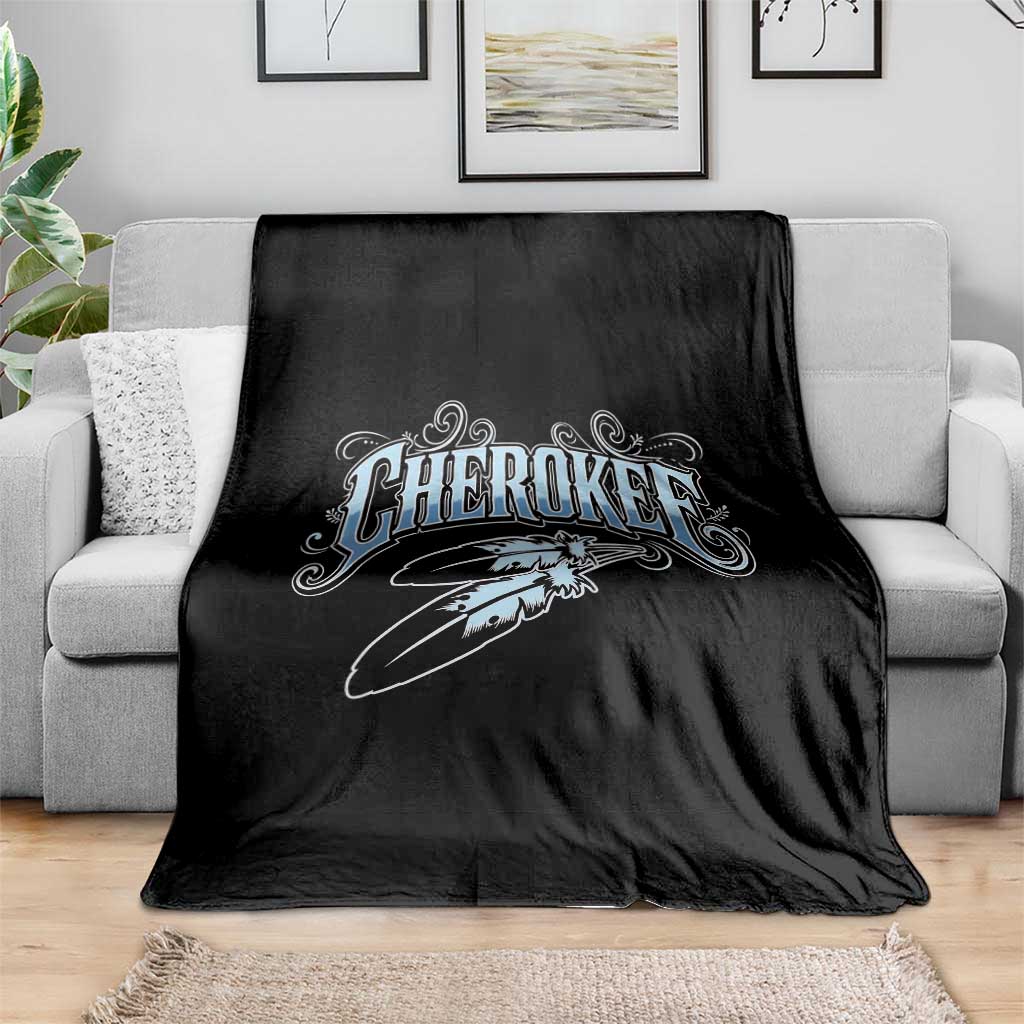 Cherokee Native American Heritage Throw Blanket Blue Feather Filigree Typography