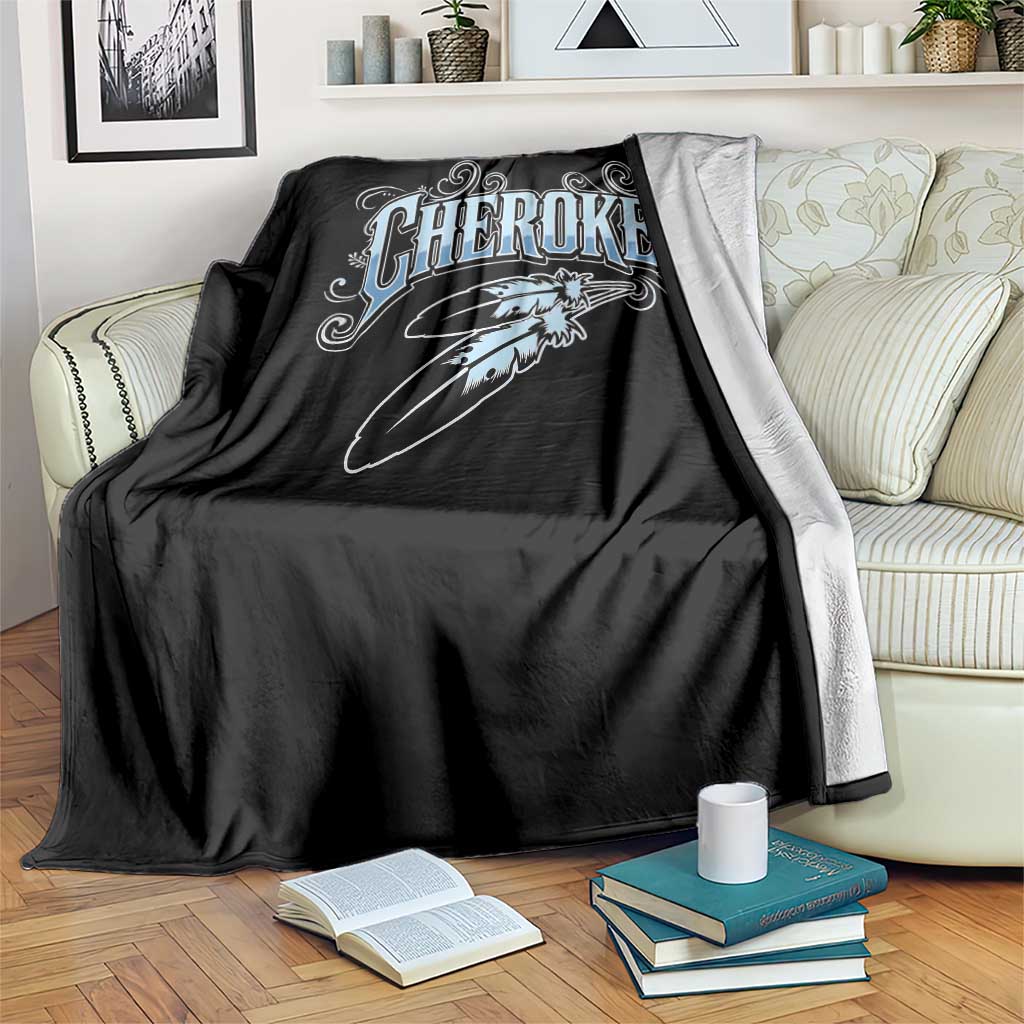 Cherokee Native American Heritage Throw Blanket Blue Feather Filigree Typography