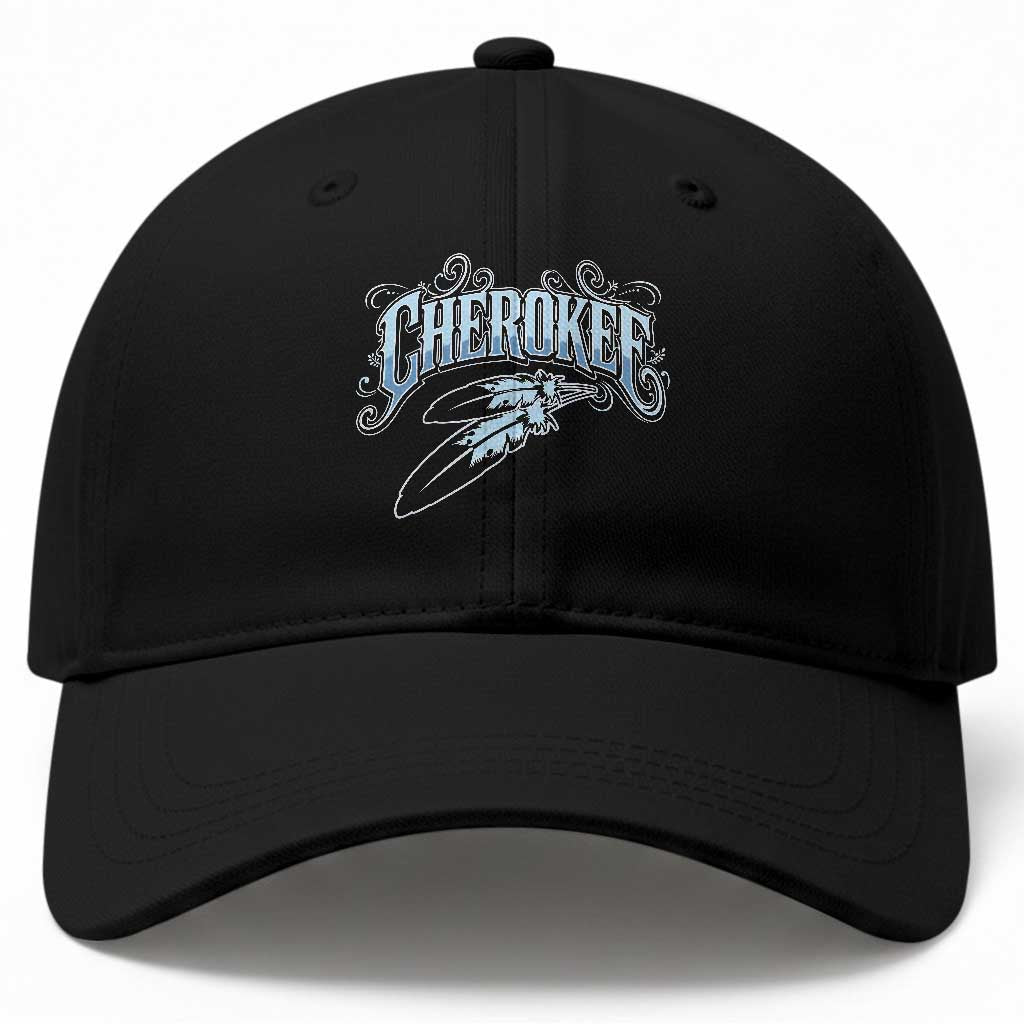 Cherokee Native American Heritage Baseball Cap Blue Feather Filigree Typography