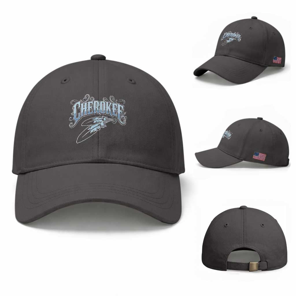 Cherokee Native American Heritage Baseball Cap Blue Feather Filigree Typography