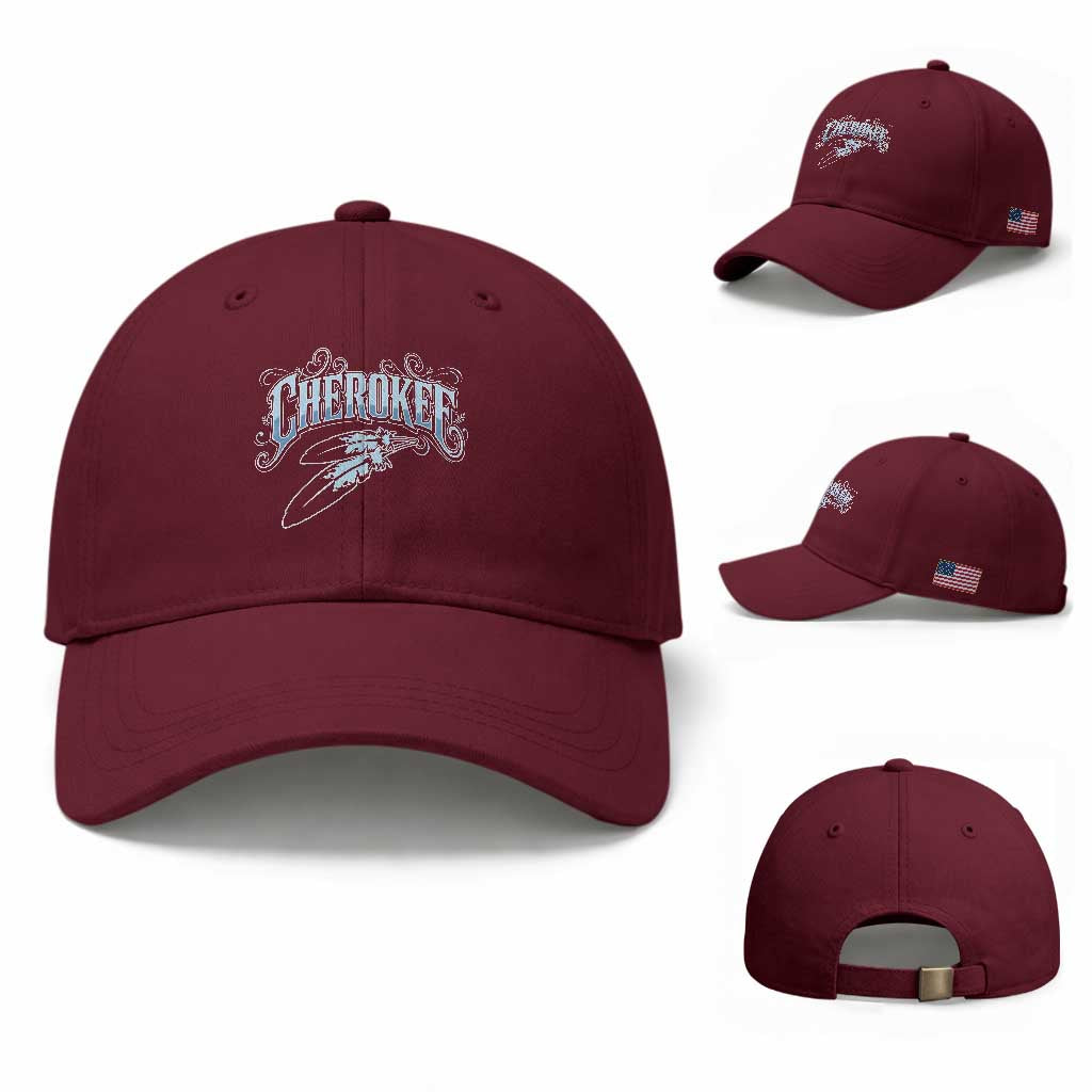 Cherokee Native American Heritage Baseball Cap Blue Feather Filigree Typography