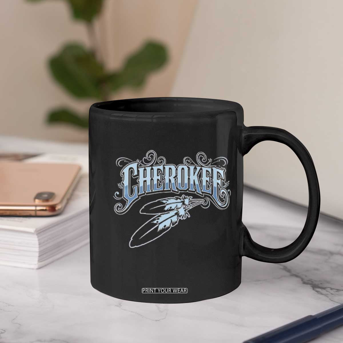 Cherokee Native American Heritage Coffee Mug Blue Feather Filigree Typography