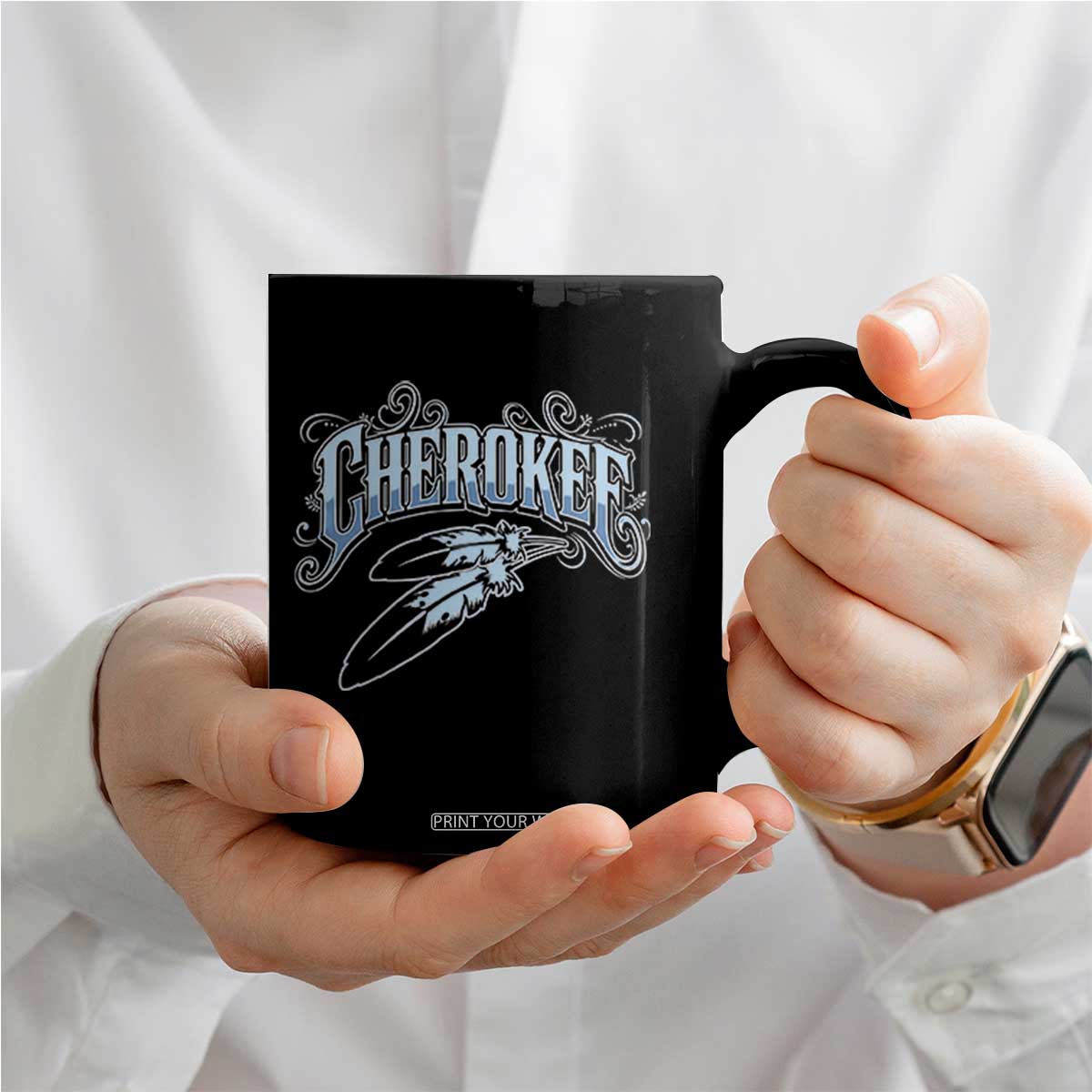 Cherokee Native American Heritage Coffee Mug Blue Feather Filigree Typography