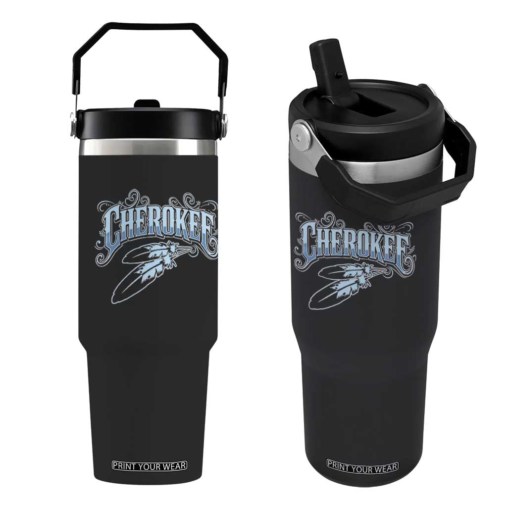 Cherokee Native American Heritage Flip Straw Tumbler Blue Feather Filigree Typography