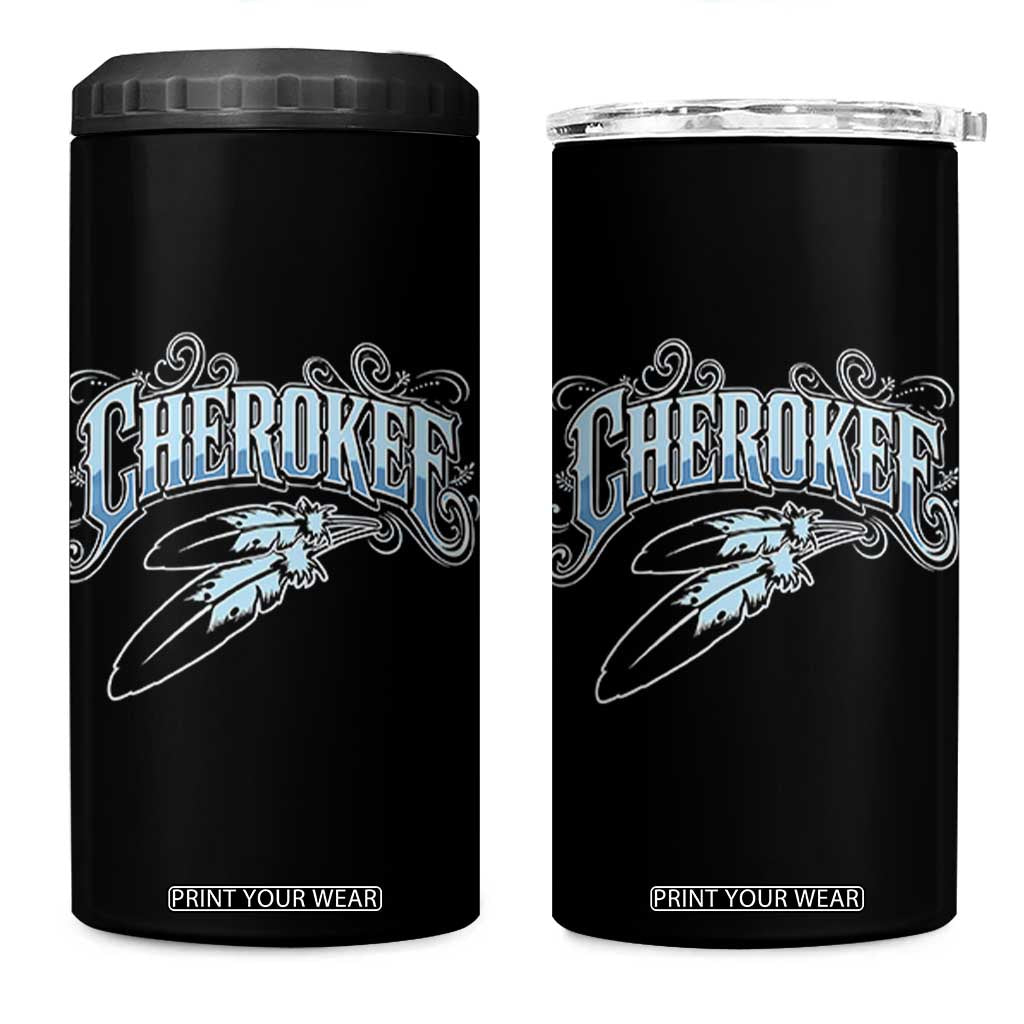 Cherokee Native American Heritage 4 in 1 Can Cooler Tumbler Blue Feather Filigree Typography
