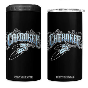 Cherokee Native American Heritage 4 in 1 Can Cooler Tumbler Blue Feather Filigree Typography