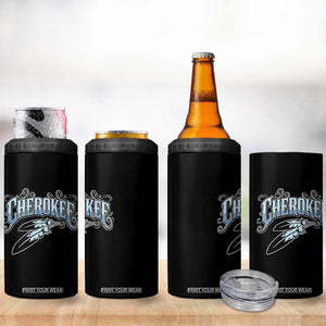 Cherokee Native American Heritage 4 in 1 Can Cooler Tumbler Blue Feather Filigree Typography