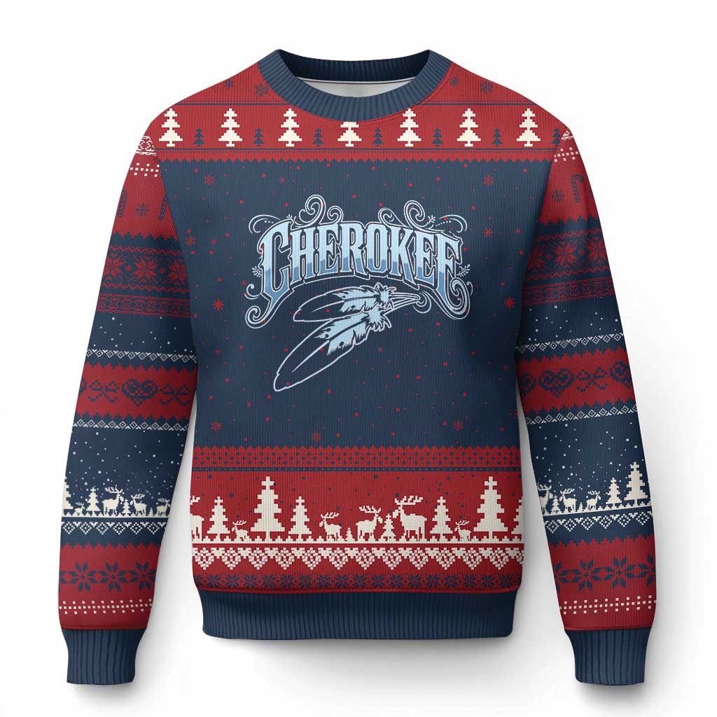 Cherokee Native American Heritage Ugly Christmas Sweater Blue Feather Filigree Typography