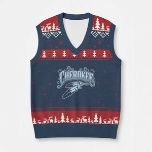 Cherokee Native American Heritage V-Neck Knit Sweater Vest Blue Feather Filigree Typography
