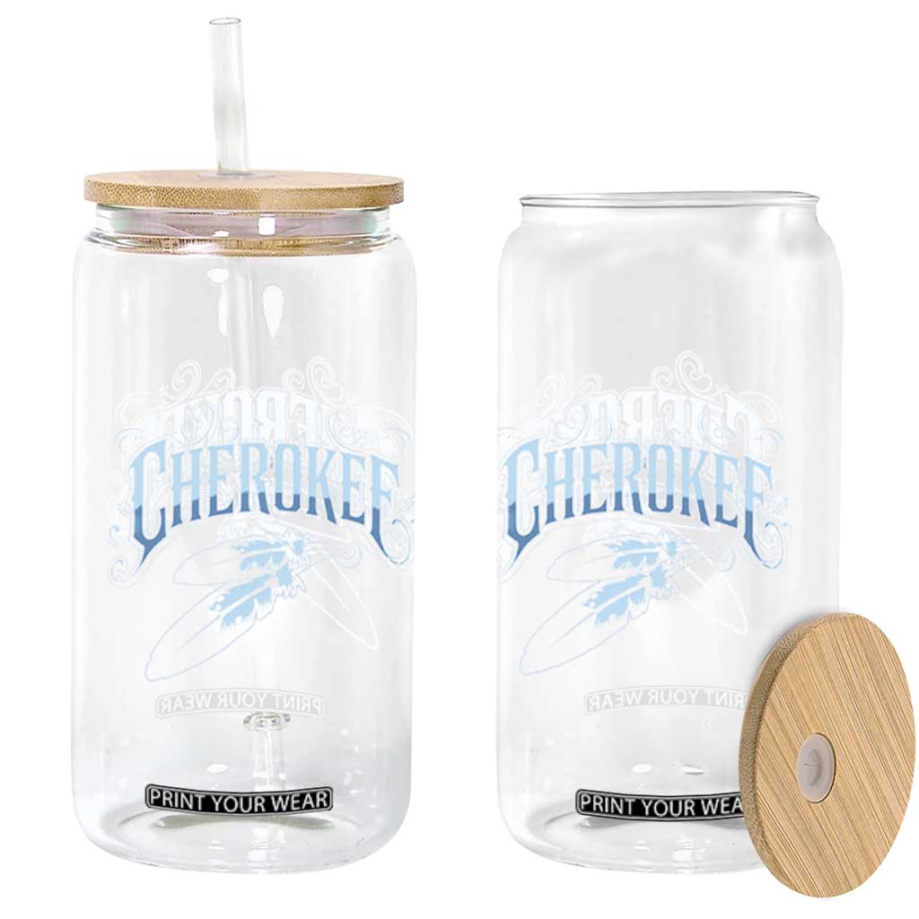 Cherokee Native American Heritage Glass Can Blue Feather Filigree Typography